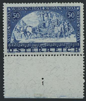 ** - Österr. WIPA Faser postfr. Unterrandstück mit Platten Nr. 1 und Fixierpunkt, - Stamps