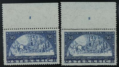 ** - Österr. WIPA Faser zwei Oberrandstücke mit Platten Nr. "1 und 2" (bei Nr. 1 gummimatte Stelle), - Briefmarken
