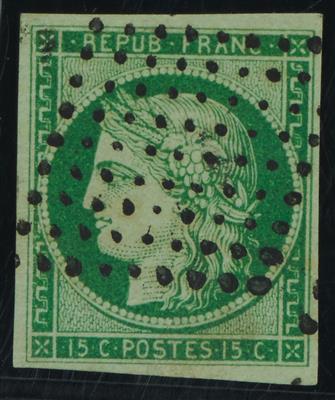 gestempelt - Frankreich Nr. 2b (dkl. grün) voll- bis überrandiges erlesenes Prachtstück mit klarem Punktestpl., - Známky