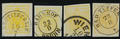 gestempelt - Österr. Nr. 1 M III gelb - vier breitrandig Prachtstücke, - Briefmarken