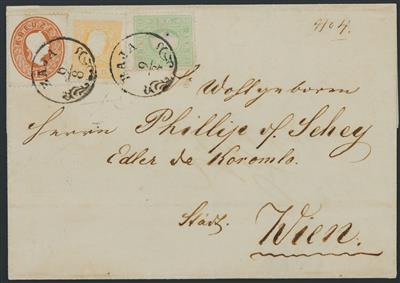 Poststück - Österr. Nr. 10 II orange +Nr. 12 bläulichgrün + Nr.21 braun, - Francobolli