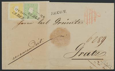 Poststück - Österr. Nr. 10 IIa + 12a +21b (rückseit.) auf Faltbriefhülle als Rekobrief von GAISHORN nach GRAZ aus 1861, - Známky