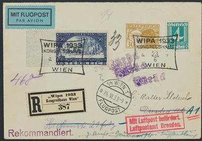 Poststück - Österr. Nr. 556 (WIPA Faser) + Zusatzfrankatur auf rekommandiertem Flugpostbrief nach Dresden und zurück, - Stamps