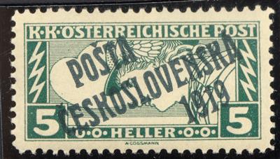 ** - Tschechosl. Nr. 70 A m. schwarz-grünem Aufdr. (zelenocerny prestisk) postfr. Prachtstück sehr selten!, - Stamps