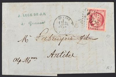 Poststück - Frankreich Mi. Nr. 44 voll- bis überrandig auf Faltbrief (triple port.) von Grasse nach Antibes aus 1871, - Francobolli