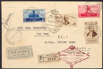 Poststück - Italien Nr. 519 mit Zufrankatur auf Reko-Flugpostbrief "ROMA-MOGADISCIO" ab Mailand, - Briefmarken