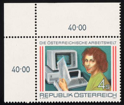 ** - Österr. Nr. 1933DD (Arbeitswelt 1987 von der linken oberen Bogenecke mit Farbdoppeldruck des Markenbildes), - Stamps