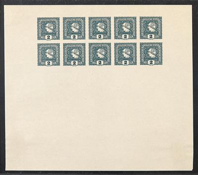 ** - Österr. 1916 - 2 Heller Zeitungsmarke Probedruck in GRAUTÜRKIS - Kleinbogenformat (zu 2 Reihen a 5 Stück), - Briefmarken