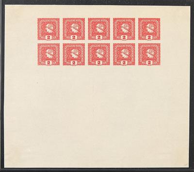 ** - Österr. 1916 - 2 Heller Zeitungsmarke Probedruck in LEBHAFTZINNOBER - Kleinbogenformat (zu 2 Reihen a 5 Stück), - Stamps