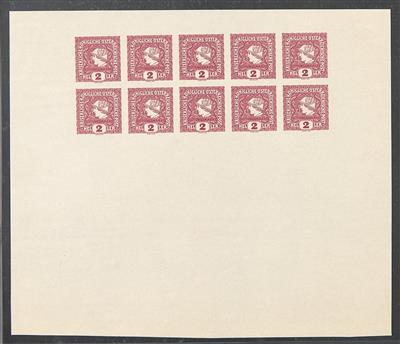 ** - Österr. 1916 - 2 Heller Zeitungsmarke Probedruck in LILAROT - Kleinbogenformat (zu 2 Reihen a 5 Stück), - Briefmarken