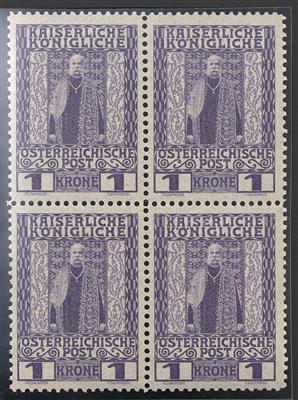 ** - Österr. Ausg. 1908 - 1 Heller bis 5 Kronen je in  postfr. Pracht - Viererbl. (ANK. Nr. 139/155), - Briefmarken