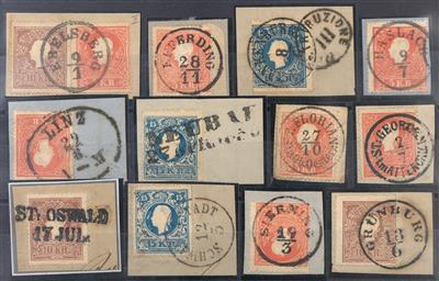 Briefstück - Österr. - Abstempelungen auf Ausgabe 1858 Oberösterreich: Partie Abstempelungen auf Nr. 13/15, - Stamps