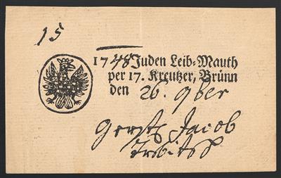 Poststück - Österr. - Fiskalphilatelie- Judaika - "Juden Leib - Mauth" über 17 Kreuzer aus Brünn aus 1748, - Známky