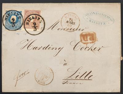 Poststück - Österr. Nr. 14 II + 15 II auf Faltbriefhülle nach Bielitz nach Lille in Frankreich aus 1860, - Briefmarken