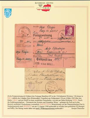 Poststück Zivile Postanweisung der Feldpost aus NICA/Kurland vom 4. März 45 nach Irnfritz Laufdauer über 3 Jahre, - Briefmarken