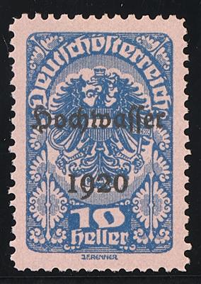 (*) - Österr. 1921 - 10 Heller Hochwasserserie Farbprobe in Blau auf rosa Papier (ANK Nr. 341 P), - Stamps