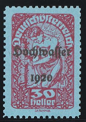 (*) - Österr. 1921 - 30 Heller Hochwasserserie Farbprobe in Weinrot auf bläulichem Papier (ANK Nr. 345 P), - Stamps