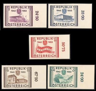 ** - Österr.   ANK. Nr. 1021 U/ 1025 U (10 Jahre republik) ungezähnte postfr. Prachtrandstücke mit reihenzähler, - Známky