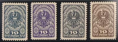 * - Österr. Nr. 259 (10 Heller) in vier versch. Farbproben (graublau, - Stamps