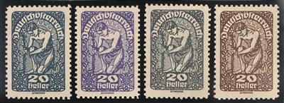 * - Österr. Nr. 263 (20 Heller) in vier versch. Farbproben (graublau, - Stamps