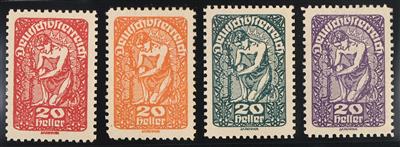 * - Österr. Nr. 263 (20 Heller) in vier versch. Farbproben (zinnober, - Briefmarken