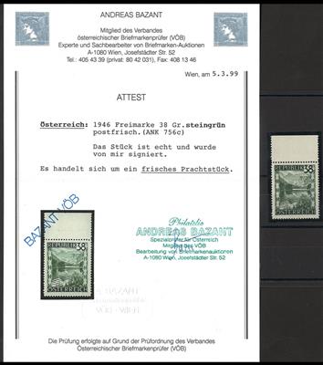 ** - Österr. Nr. 756c (STEINGRÜN) vom Bogenoberrand, - Briefmarken