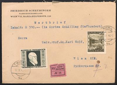 Poststück - Österr. 1946 - Nr. 776/79 (Renner gezähnt) mit Zufrankaturen auf 4 Wertbriefen innerhalb Wiens, - Briefmarken