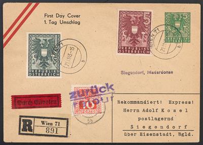 Poststück - Österr. - Partie meist Privatganzsachen ab 1945 u.a. mit 1RM/5RM Wappenausg. auf 2 FDCs, - Známky
