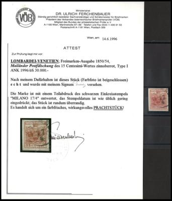 .gestempelt - Lombardei - MAILÄNDER POSTFÄLSCHUNG des 15 Centesimi- Wertes zinnoberrot, - Francobolli