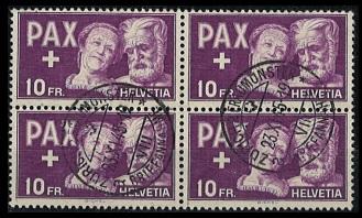 .gestempelt - Schweiz Nr. 459 (PAX - 10 Franken) in  Viererblock   ANK. 600.- , - Francobolli