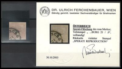 .gestempelt - SPERATI - FÄLSCHUNG von Österr. Nr. 8 (Rosa Merkur) mit Teilstempel "... BURG 21/.0", - Briefmarken