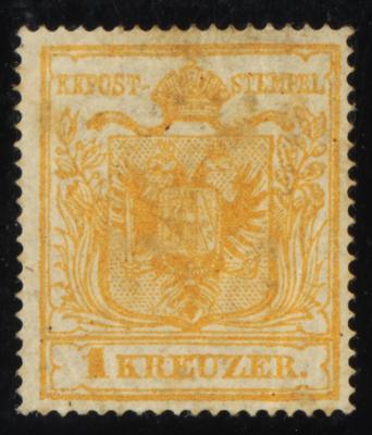* - Österr. 1856 - 1 Kreuzer ockergelb in Type III auf Maschinenpapier mit seltener Versuchszähnung BZ 18 1/2, - Známky