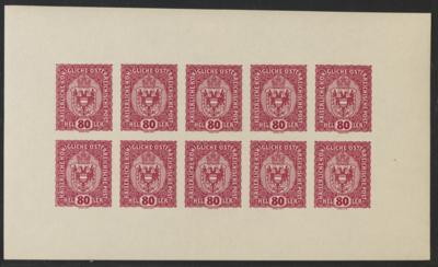 ** - Österr. 1916 - 80 Heller Wappen - Kleinbogenformat zu 10 Stück in Farbprobe rotlila, ungezähnt - Briefmarken