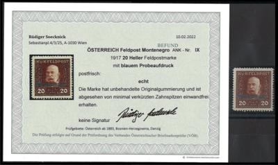 ** - Österr. Feldpost WK I - Montenegro Nr. IX (nicht verausgabter Wert zu 20 Heller mit BLAUEM Aufdruck), - Briefmarken