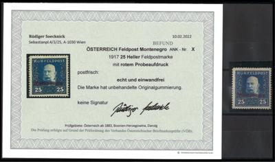 ** - Österr. Feldpost WK I - Montenegro Nr. X (nicht verausgabter Wert zu 25 Heller mit ROTEM Aufdruck), - Briefmarken