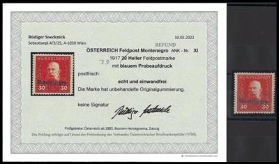 ** - Österr. Feldpost WK I - Montenegro Nr. XI (nicht verausgabter Wert zu 30 Heller mit BLAUEM Aufdruck), - Briefmarken