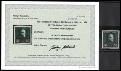 ** - Österr. Feldpost WK I - Montenegro Nr. XIV (nicht verausgabter Wert zu 50 Heller mit ROTEM Aufdruck), - Briefmarken