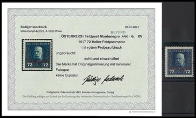 * - Österr. Feldpost WK I - Montenegro Nr. XV (nicht verausgabter Wert zu 72 Heller mit ROTEM Aufdruck), - Známky