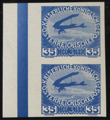 ** - Österr. Nr. 184 (35+3 Heller ultramarin - Flugzeug) in postfr. senkr. ungezähnten Randpaar mit Balken, - Briefmarken