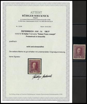 ** - Österr. Nr. 190P (15 Heller Ausg. 1916 als PROBEDRUCK IN BRAUNLILA), - Briefmarken