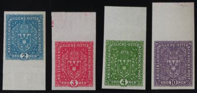 ** - Österr. Nr. 204IzU/207IzU(2K/10K Wappenzeichnung 1917 UNGEZÄHNT auf GRAUEM Tiefdruckpapier) vom Bogenoberrand, - Briefmarken