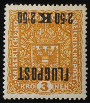** - Österr. Nr. 226yKI (1918 2,50K auf 3K olivgelbe Flugpostmarke auf weißem Papier   MIT KOPFSTEHENDEM AUFDRUCK), - Známky