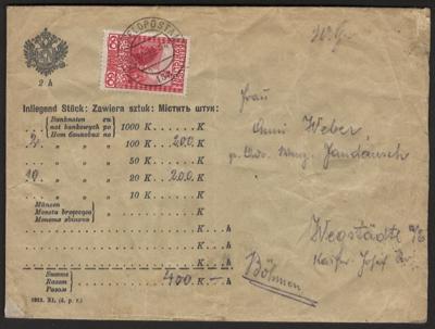 Poststück - Österr. Feldpost 1914 - VORLÄUFER: Amtlicher Wertbrief- Umschlag über 400 Kronen, - Francobolli