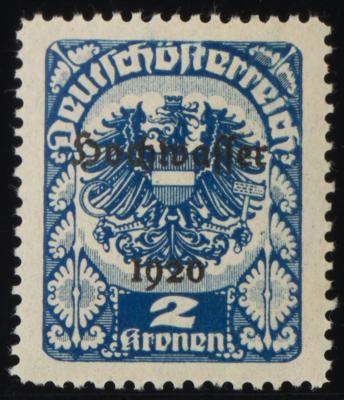 * - Österr. 1921 - 2 Kronen Hochwasserserie Farbprobe in Blau mit Orig. Gummi (ANK Nr. 352 P), - Francobolli