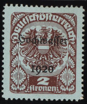 (*) - Österr. 1921 - 2 Kronen Hochwasserserie Farbprobe in Rotbraun auf bläulichem Papier (ANK Nr. 352 P), - Stamps