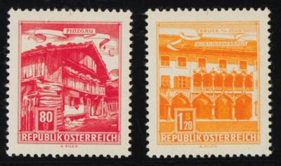 ** - Österr. - Bautenausgabe -Farbproben der Nr. 1096 (80 Gr.) in ROT sowie Nr. 1098 (1,20S) in ORANGE, - Briefmarken