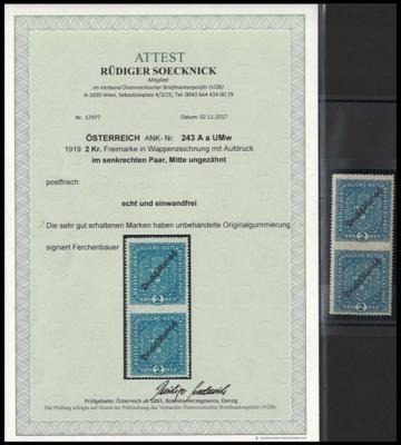 ** - Österr. Nr. 243AaUMw (2Kr. Freimarke Wappenzeichnung 1919 mit Aufruck IM SENKRECHTEN PAAR, - Stamps
