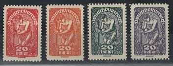 * - Österr. Nr. 263 (20 Heller) in vier versch. Farbproben (zinnober, - Stamps