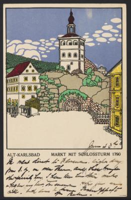Poststück - Wiener Werkstätte Karte Nr. 210: Künstler Karl Schwetz(?): "Alt - Karlsbad - Markt mit Schlossturm 1790", - Stamps