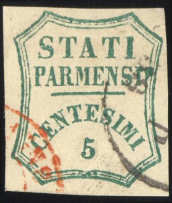 .gestempelt - Parma Nr. 12b (5 Cent. blaugrün) vollrandiges Prachtstück mit rotem u. schwarzem Teilstpl., - Briefmarken